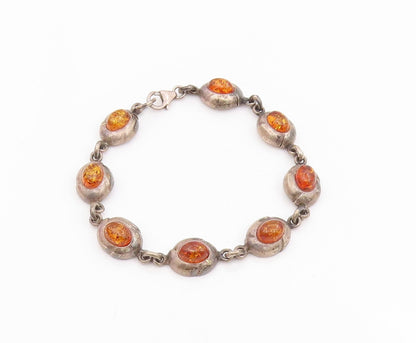 925 Sterling Silver Vintage Bracelet Cabochon Honey Amber Solid Link  BT11697