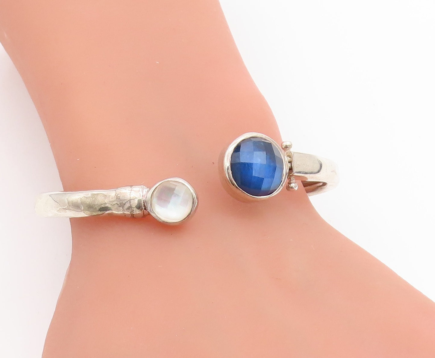 925 Sterling Silver Vintage Bracelet Round Gemstone Open Hook Bangle  BT11434
