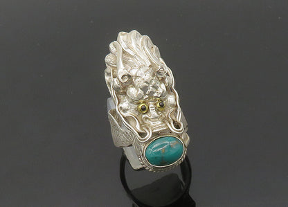925 Silver  Vintage Turquoise & Black Onyx Dragon Head Ring Sz 9  RG20051
