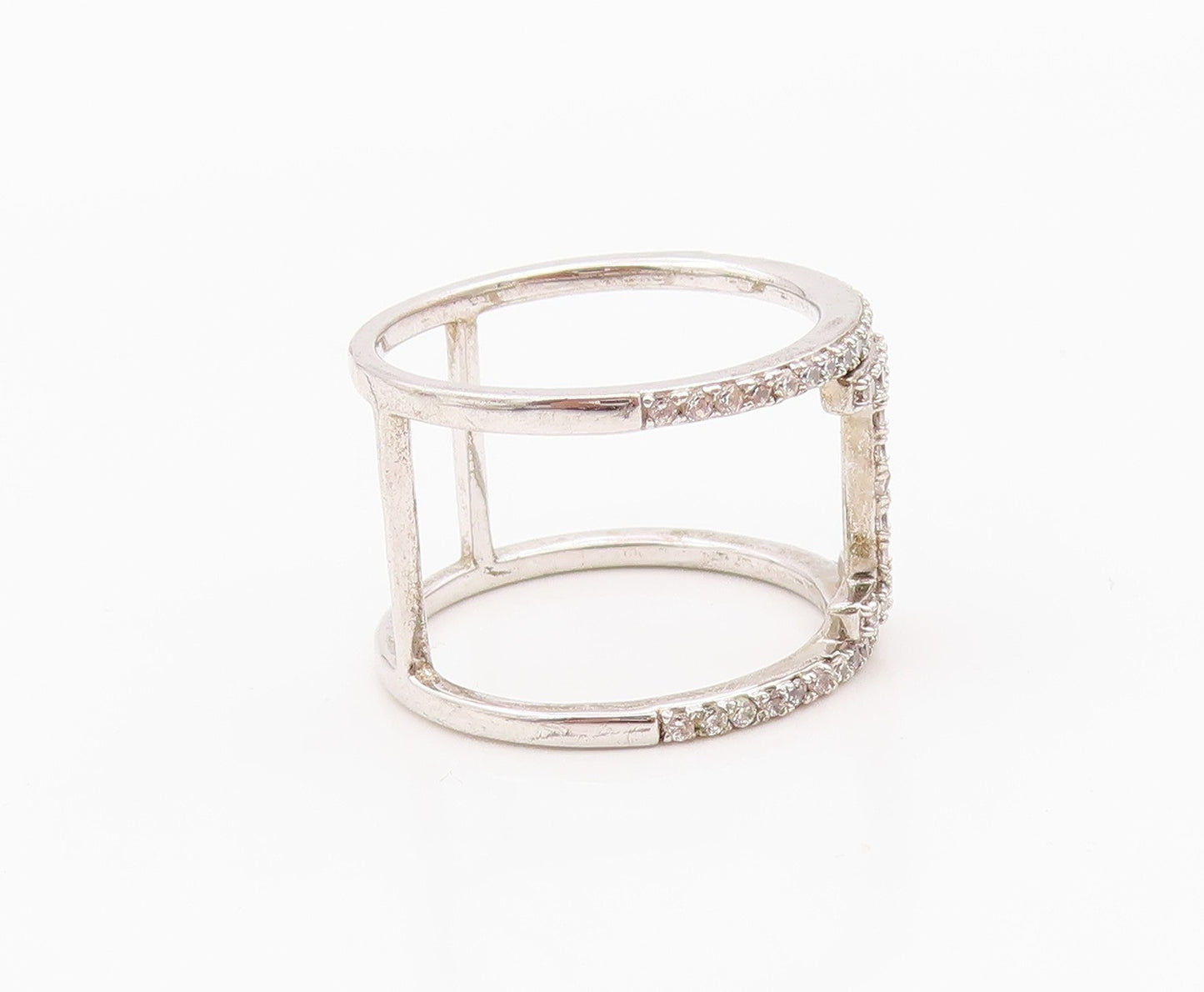 925 Sterling Silver Vintage Ring Minimalist CZ Dual Wide Band  Sz 8.5  RG36386