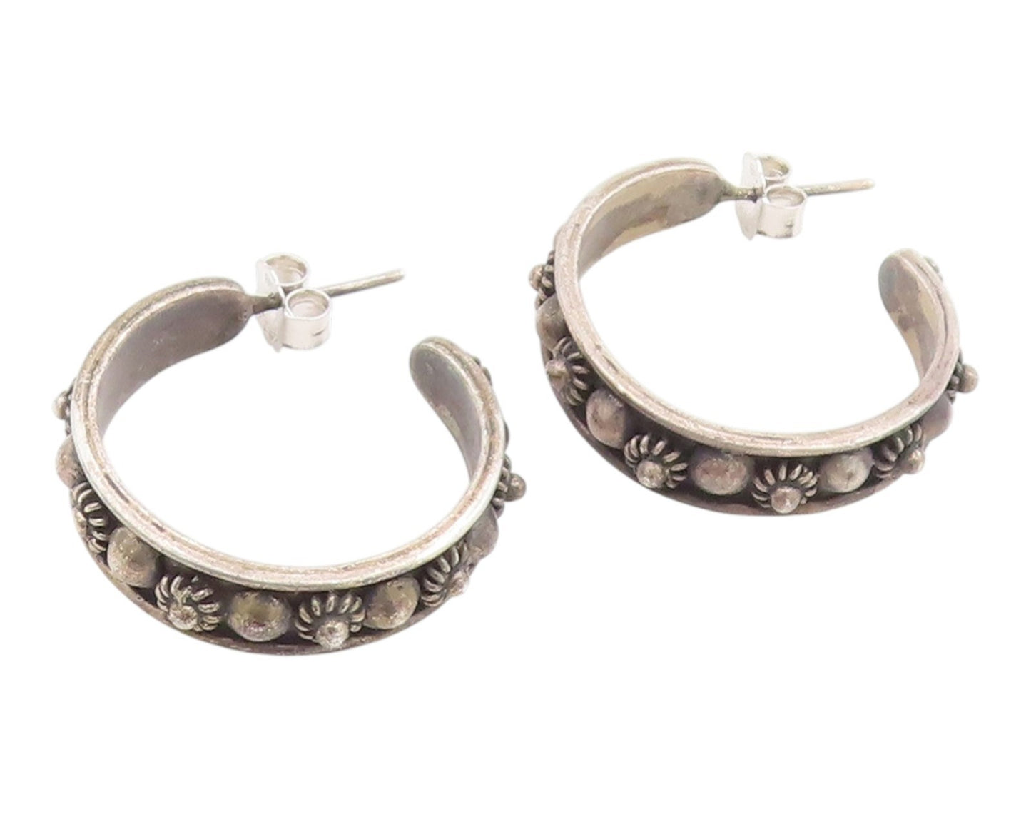 925 Sterling Silver Vintage Earrings MEXICO Classic Floral Beaded Hoops  EG14315