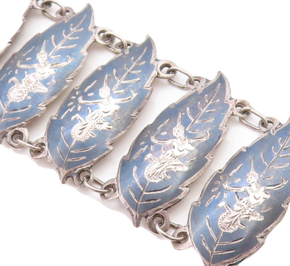 SIAM 925 Sterling Silver  Vintage Niello Dancer Floral Chain Bracelet  BT2183