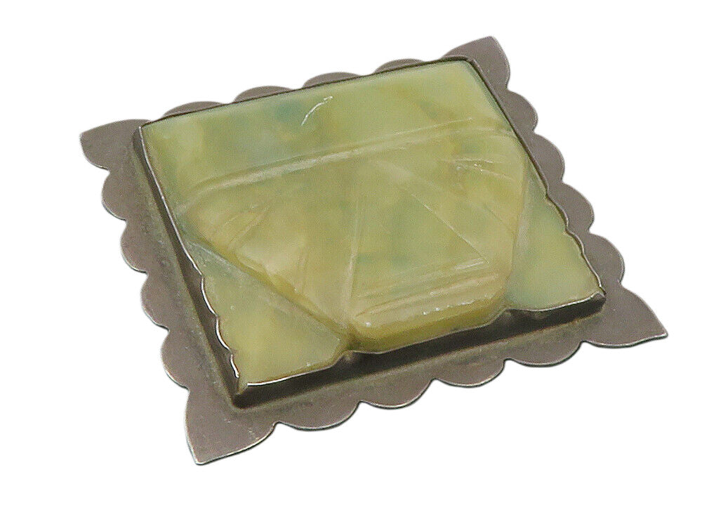 MEXICO 925 Sterling Silver  Vintage Jade Carved Face Square Brooch Pin  BP4680