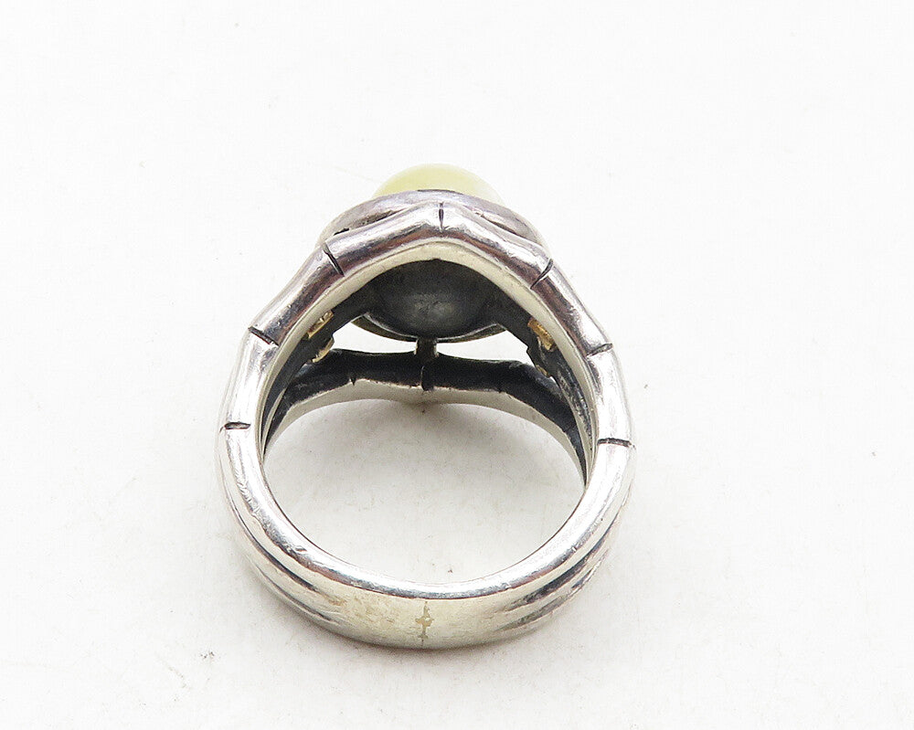 925 Sterling Silver & 14K Gold Vintage Real Diamonds Bamboo Ring Sz 6 RG10050