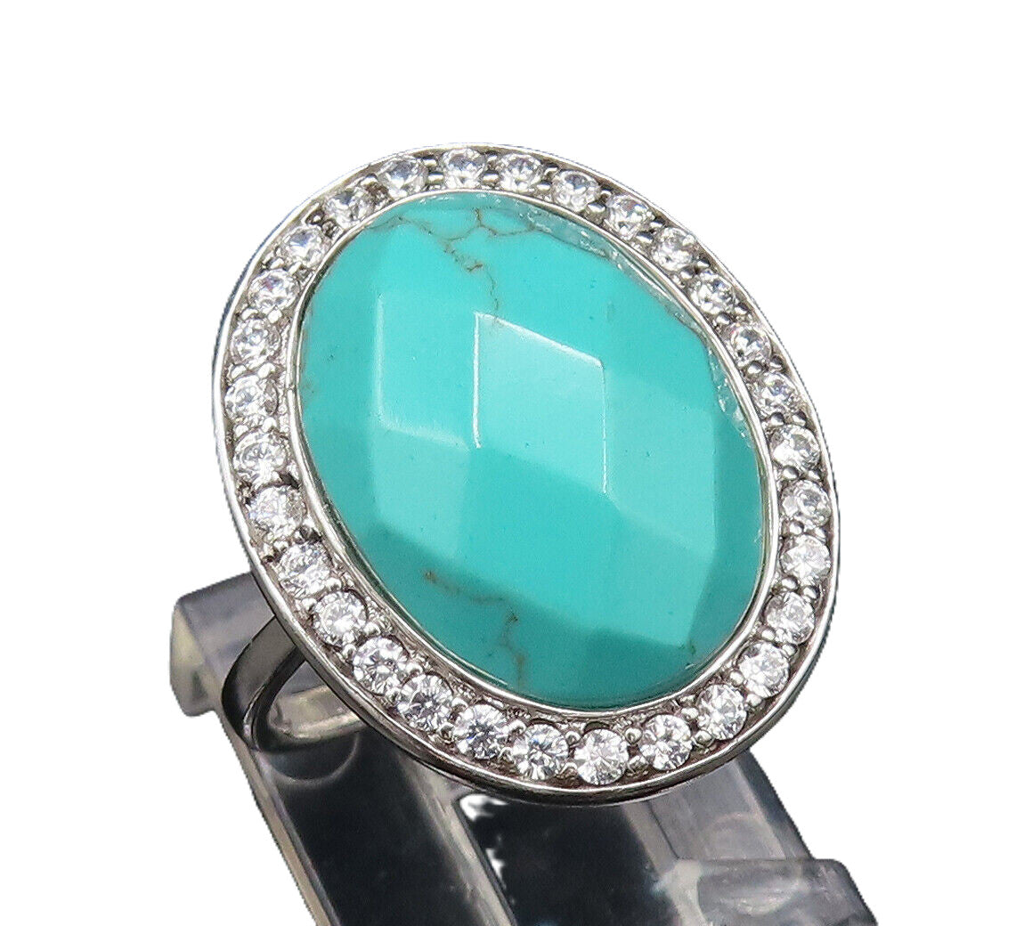 925 Sterling Silver  Vintage Faceted Turquoise & Topaz Halo Ring Sz 7  RG25937