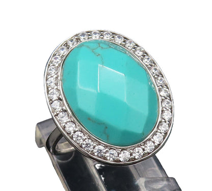 925 Sterling Silver  Vintage Faceted Turquoise & Topaz Halo Ring Sz 7  RG25937