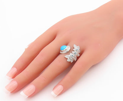 925 Sterling Silver Vintage Ring Designer Larimar & CZ Floral Cut  Sz 6  RG32499