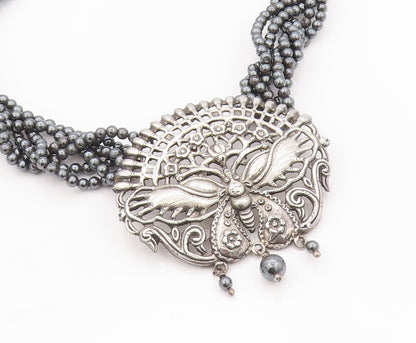 925 Sterling Silver Vintage Necklace Dark Tone Butterfly Hematite Bands  NE4483