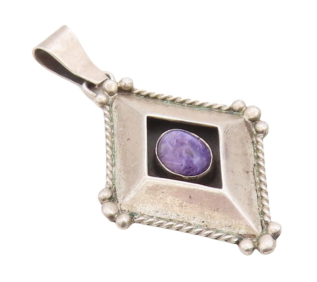 925 Sterling Silver Vintage Pendant RB NAVAJO Carved Diamond Shape Gem  PT23542