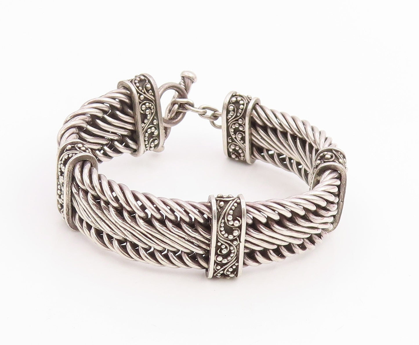 925 Sterling Silver Vintage Bracelet Solid Scrollwork Braided Chain  BT11823