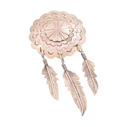 925 Sterling Silver Vintage Brooch Etched Concho Dangling Feather Pin  BP12116