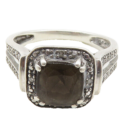 925 Silver  Vintage Smoky Topaz & Genuine Diamonds Band Ring Sz 7  RG18688