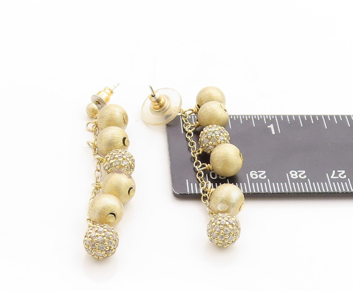 925 Sterling Silver Vintage Earrings Gold Plated Drop Round CZ  Beads  EG13268