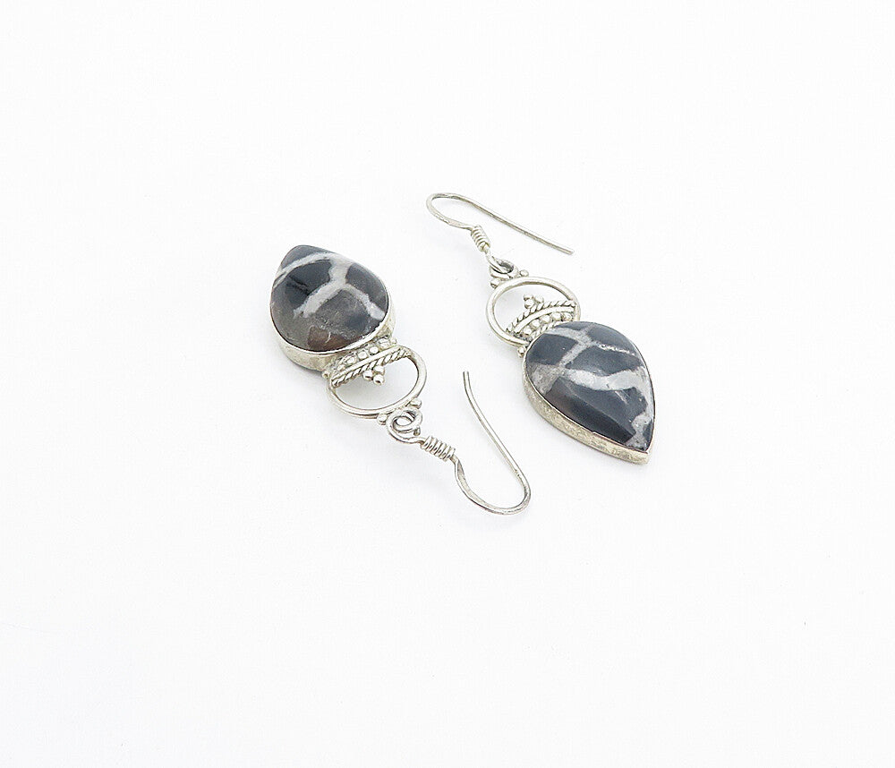 925 Sterling Silver  Vintage Tear Drop Jasper Crowned Dangle Earrings  EG3521