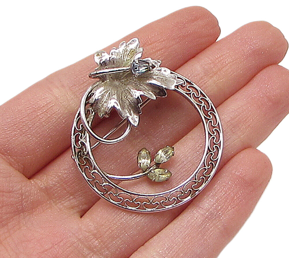 CARL ART 925 Silver  Vintage Blue & White Topaz Floral Leaf Brooch Pin  BP1051