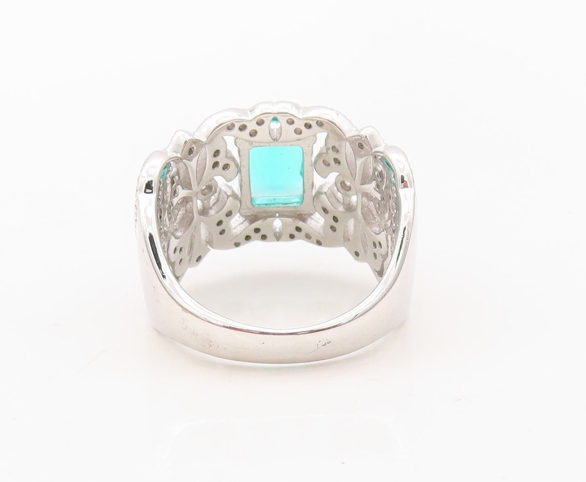 925 Sterling Silver Vintage Ring Floral Cutout White & Sea Green CZ Sz 7 RG30259