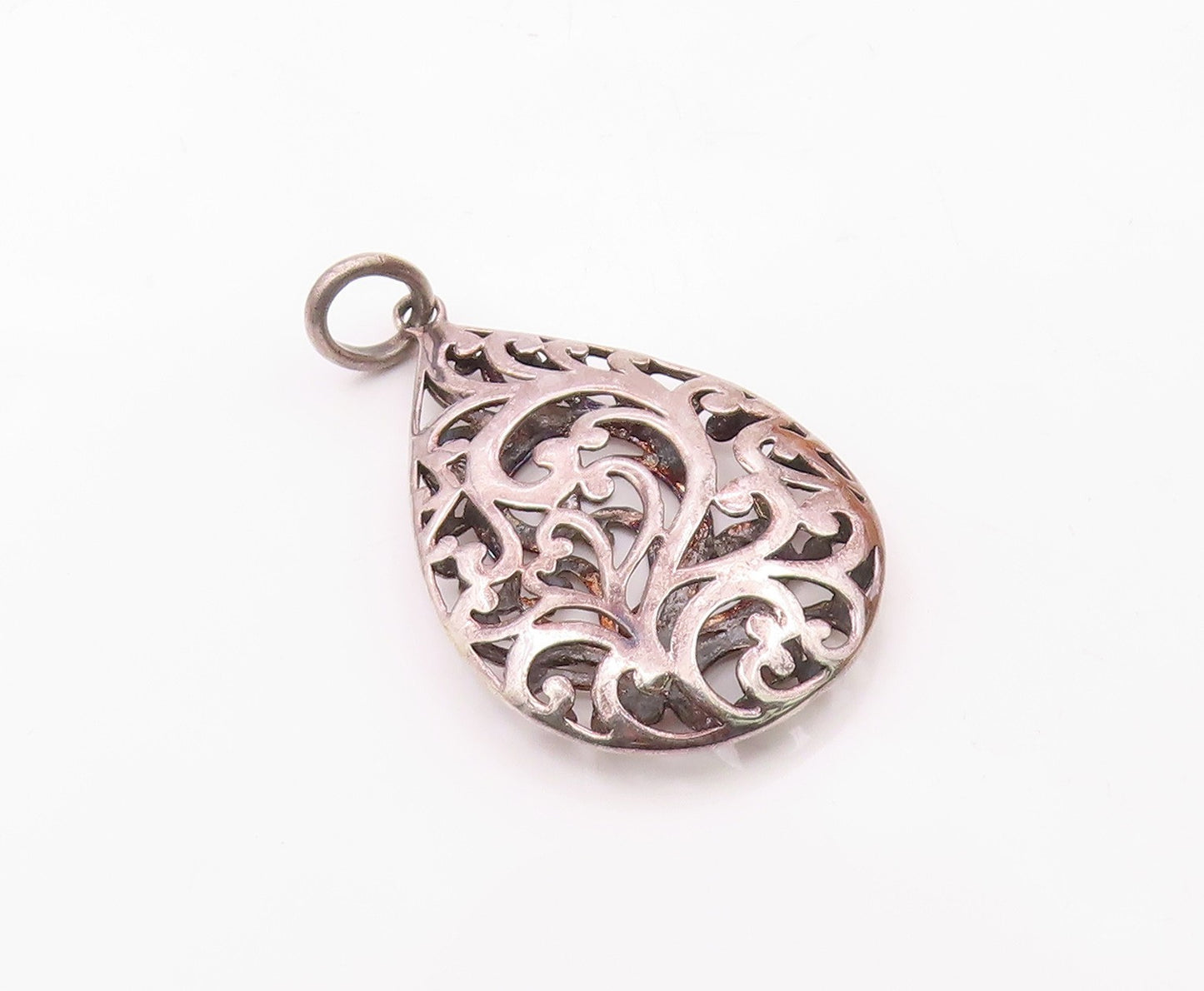 925 Sterling Silver  Vintage Pear Shaped Open Scroll Cutout Pendant  PT20983