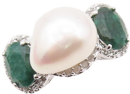 925 Sterling Silver Vintage Ring Diamonds Pearl & Gemstone Inlay  Sz 8  RG30492