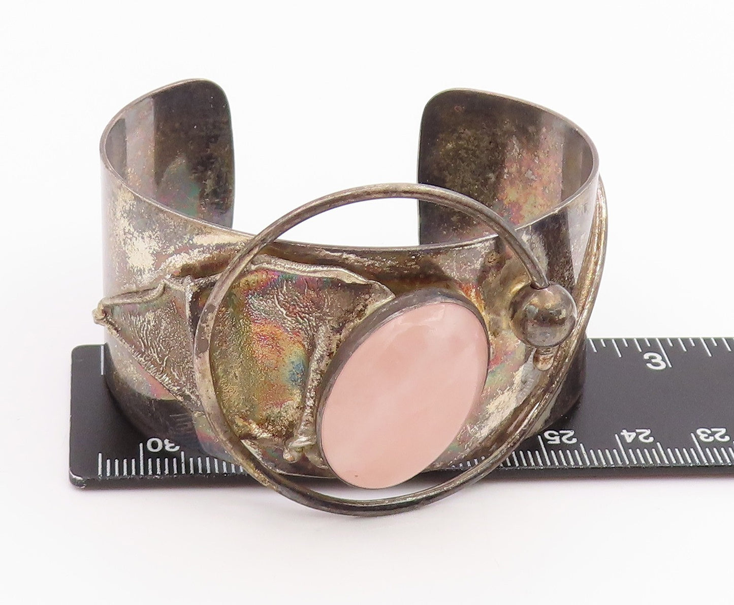 925 Sterling Silver Vintage Bracelet Cabochon Rose Quartz Wide Cuff  BT11975