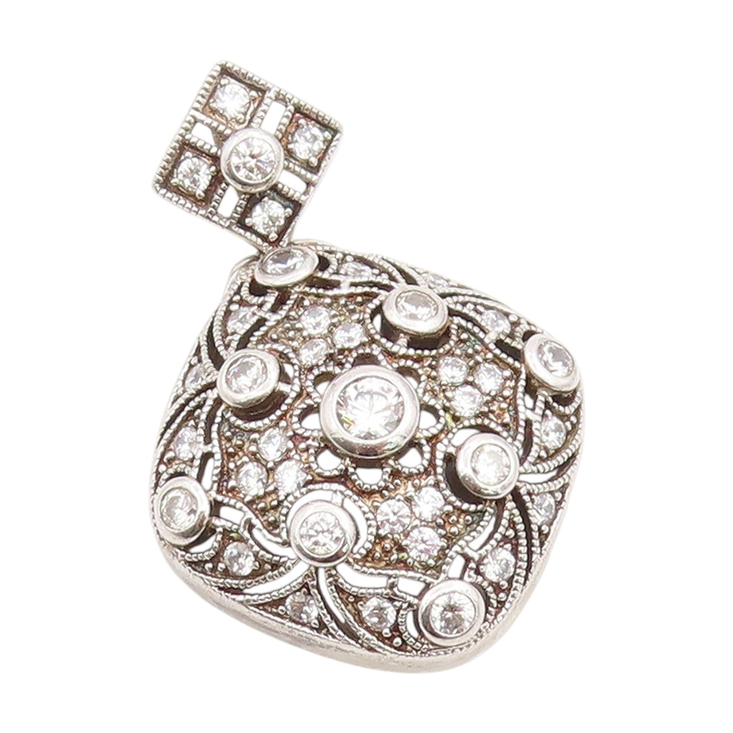 925 Sterling Silver Vintage Pendant Round CZ Intricate Victorian Style  PT25493