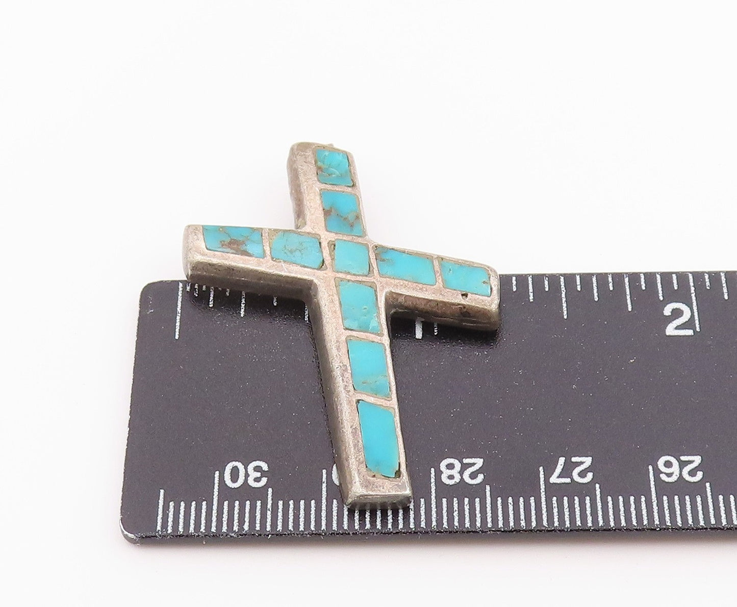 925 Sterling Silver Vintage Pendant Turquoise Inlay Religious Cross  PT26366