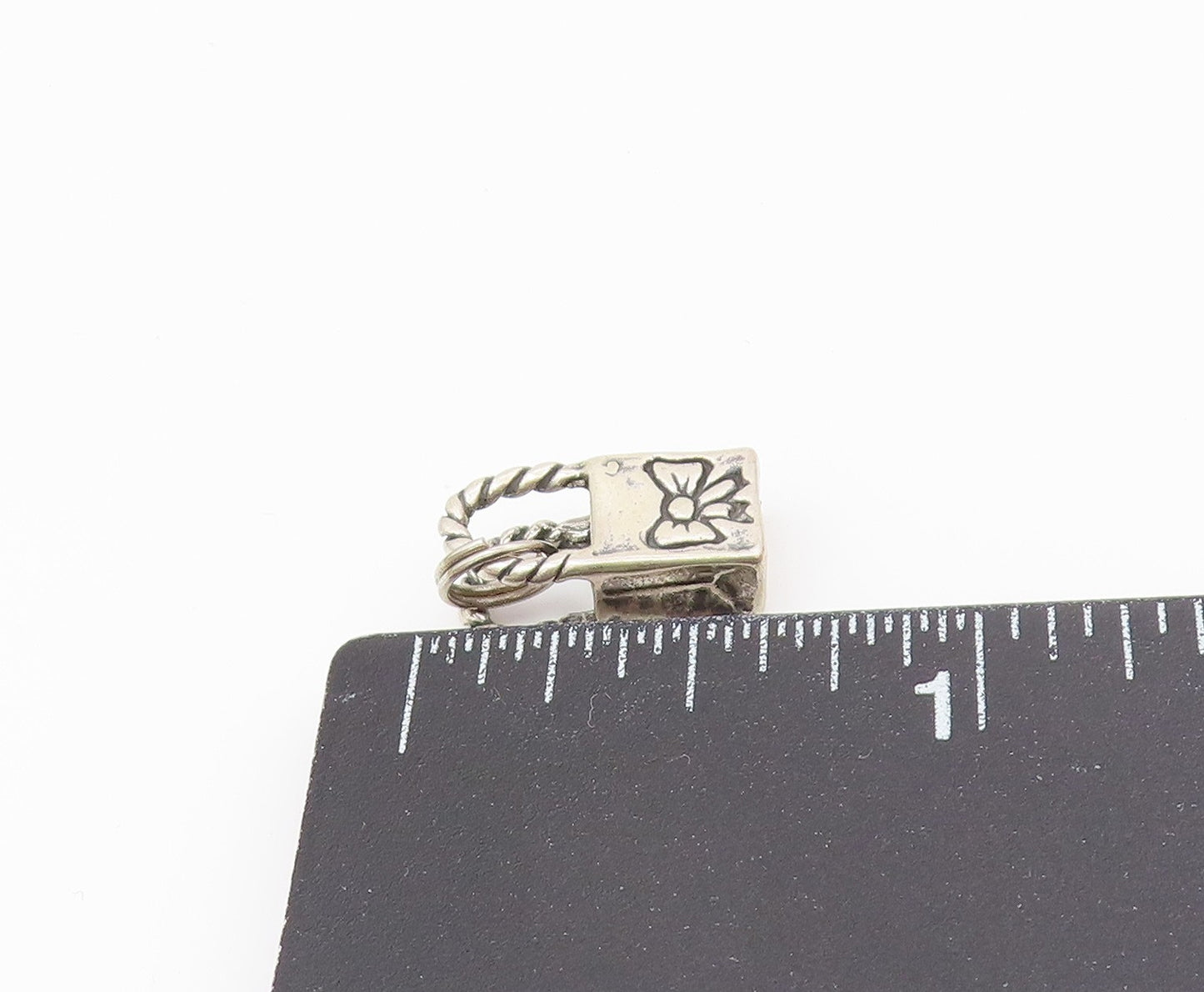 925 Sterling Silver  Vintage Petite Ribbon Bow Shopping Bag Pendant  PT19369