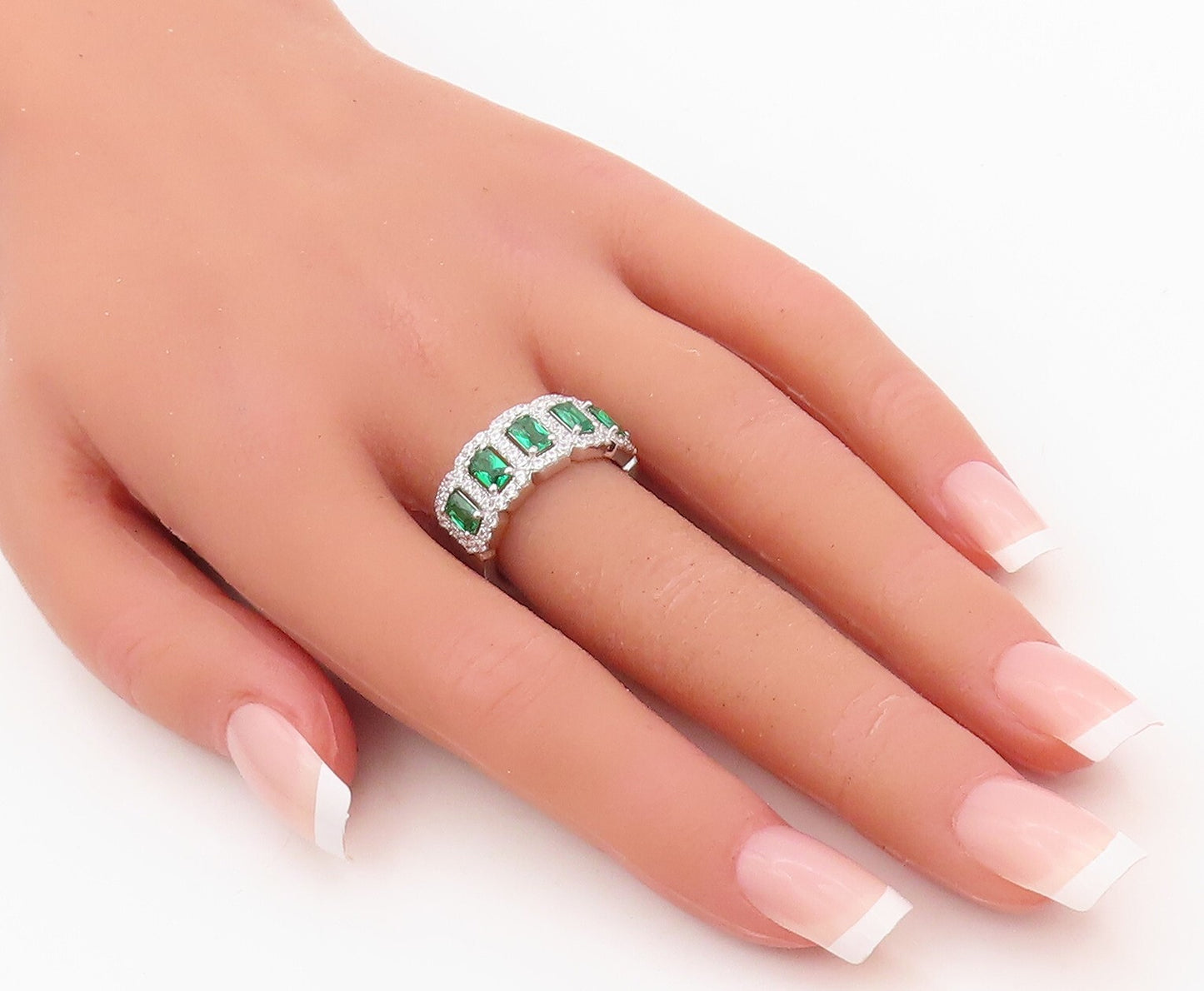 925 Sterling Silver Vintage Ring Rectangle Green Halo White CZ  Sz 7.5  RG30483