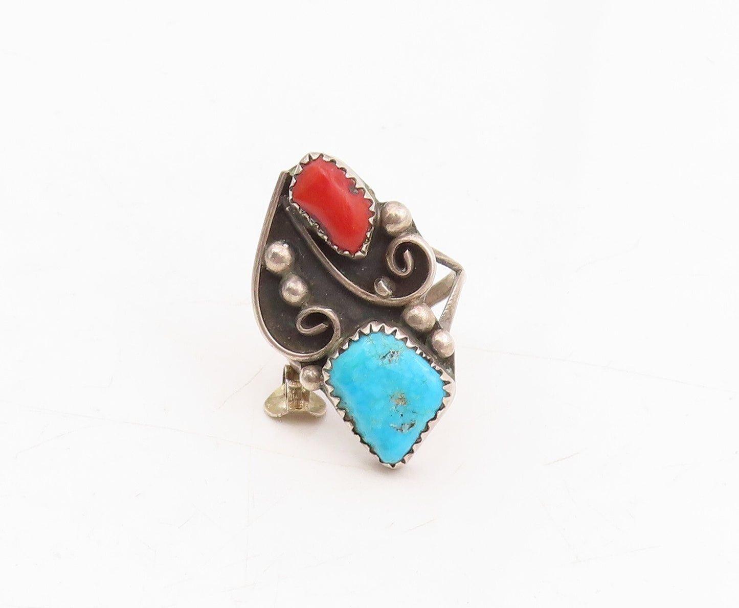 925 Sterling Silver Vintage Ring NAVAJO ZUNI Turquoise Swirl Carved Sz 6 RG31706