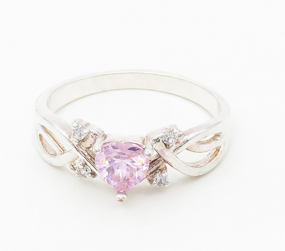 925 Sterling Silver  Pink & White Topaz Love Heart Band Ring Sz 10  RG15898