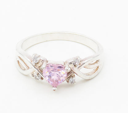 925 Sterling Silver  Pink & White Topaz Love Heart Band Ring Sz 10  RG15898