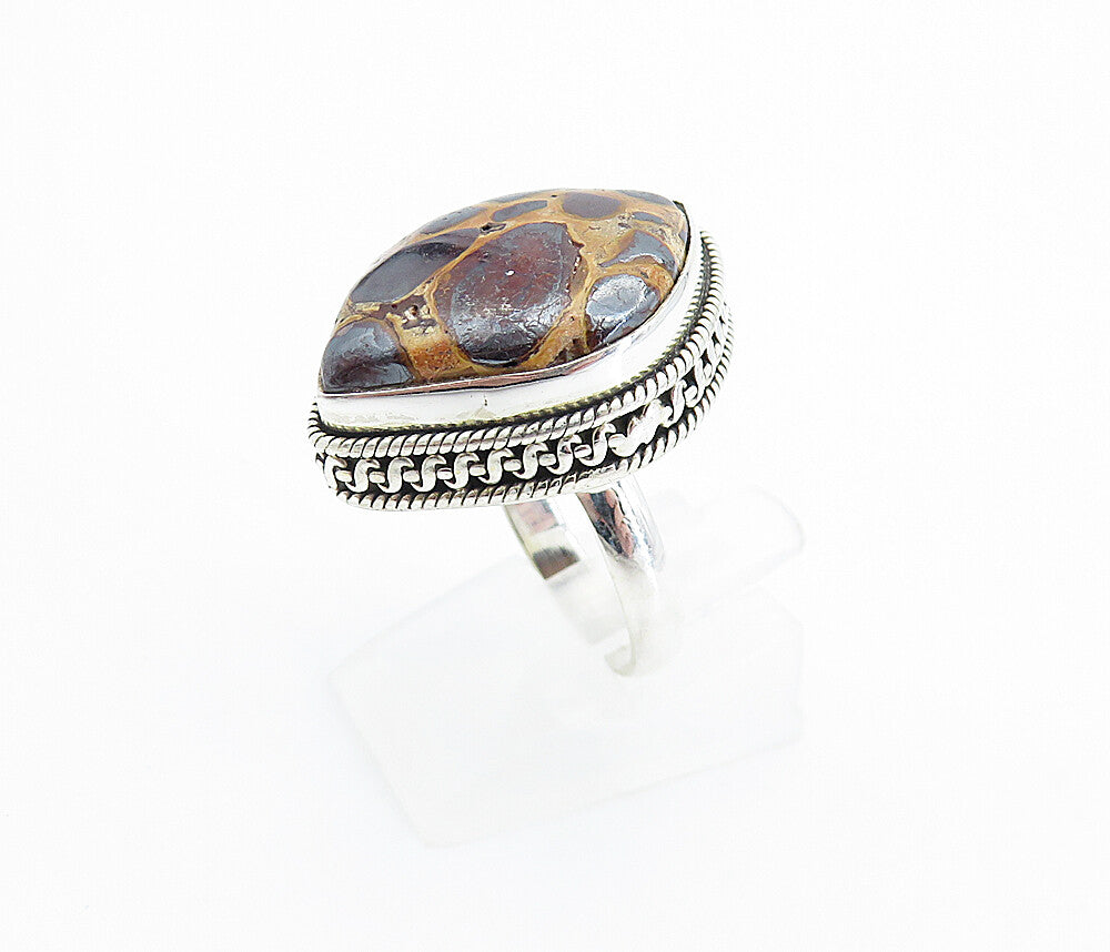 925 Sterling Silver  Brown Spotted Jasper Shiny Cocktail Ring Sz 7.5  RG7781