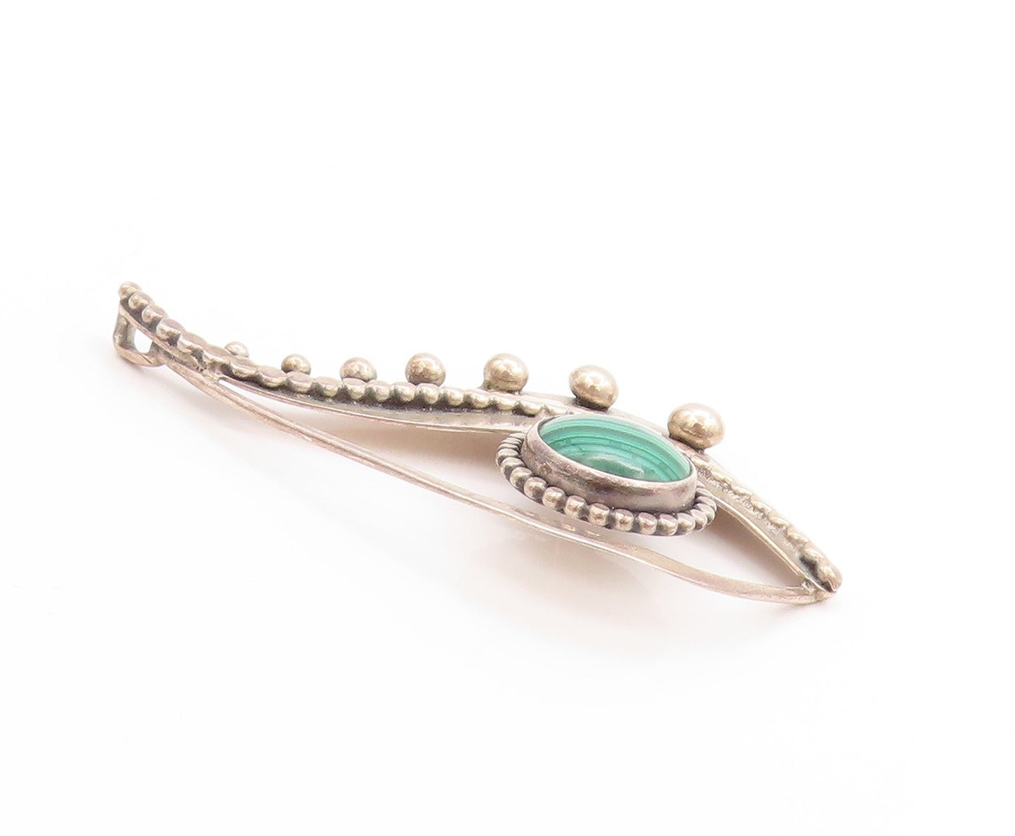 925 Sterling Silver Vintage Pendant PAUL MILLER Malachite Wavy Beaded  PT25054