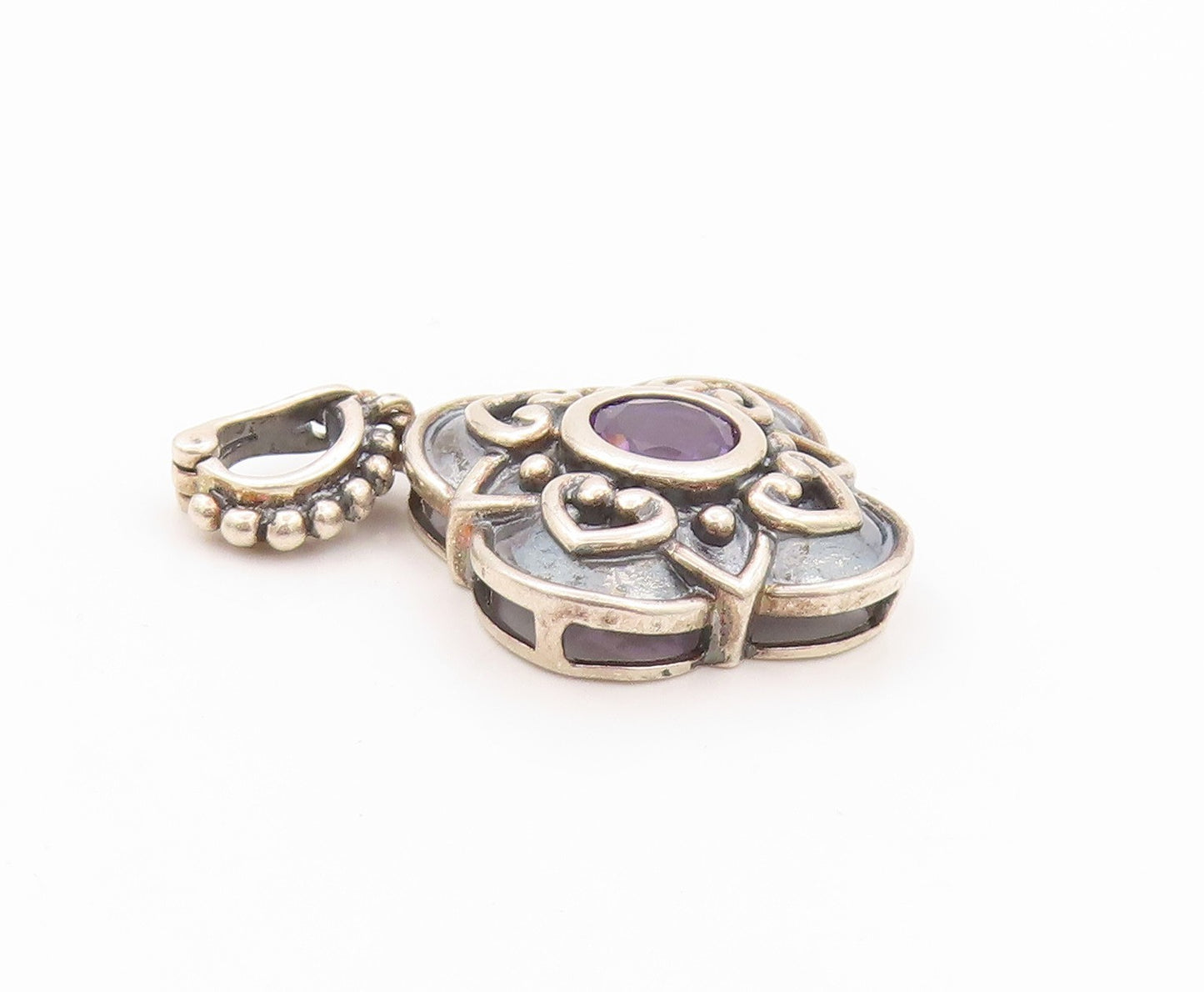 925 Sterling Silver Vintage Pendant Dark Tone Amethyst Floral Carved   PT24099