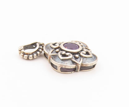 925 Sterling Silver Vintage Pendant Dark Tone Amethyst Floral Carved   PT24099