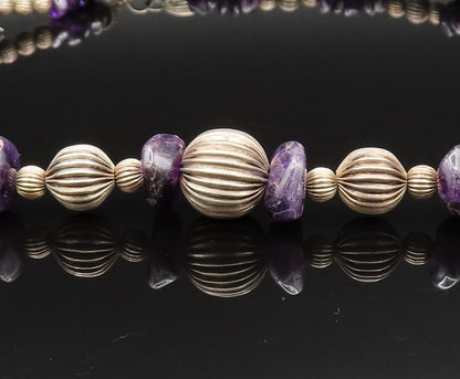 925 Sterling Silver  Vintage Ribbed Sphere & Charoite Pattern Necklace  NE3909