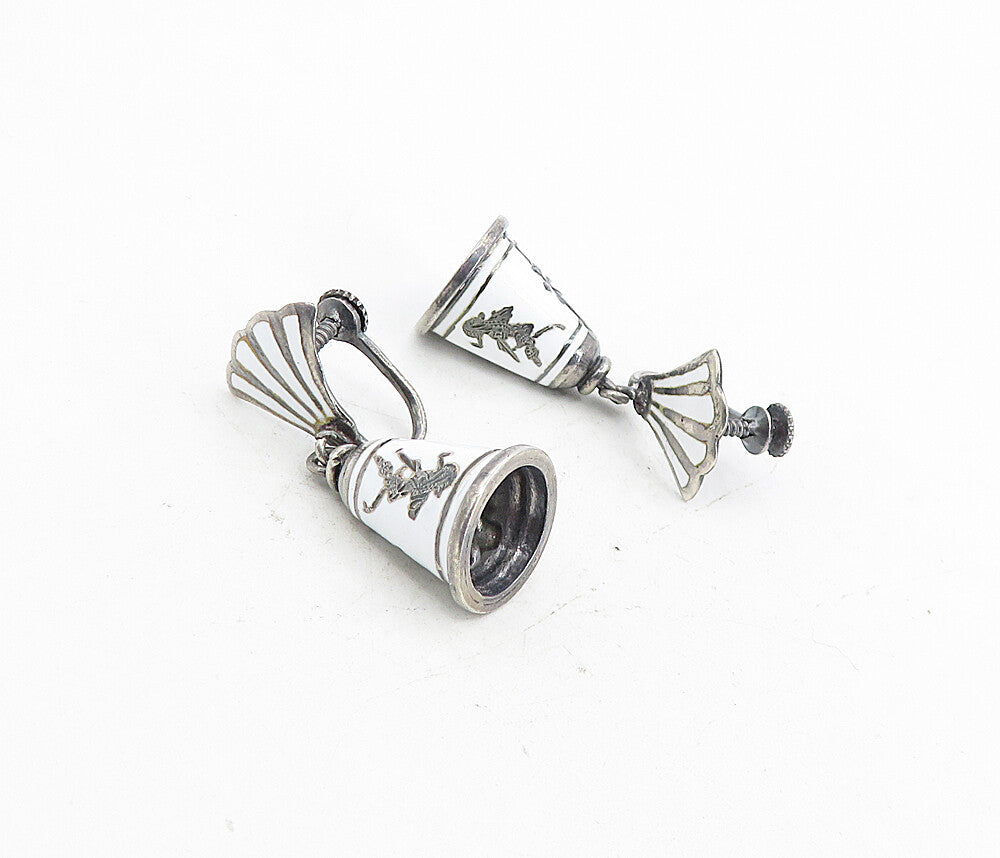 SIAM 925 Sterling Silver  Vintage Enamel Dancer Bell Dangle Earrings  EG4487