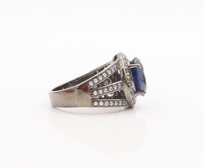 925 Sterling Silver Vintage Ring Split Band CZ Inlay & Sapphire  Sz 8  RG29617