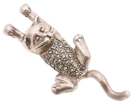 925 Sterling Silver Vintage Brooch Pin Classic Marcasite Kitten Charm  BP12512