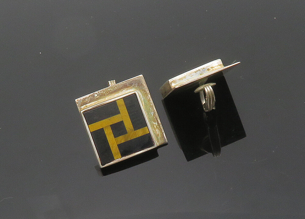 K&J SAVVIT 925 Silver  Vintage Onyx & Tiger's Eye Non Pierce Earrings  EG10058