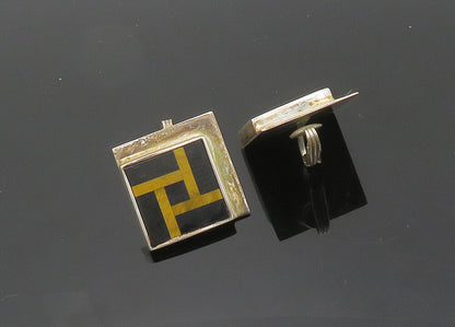 K&J SAVVIT 925 Silver  Vintage Onyx & Tiger's Eye Non Pierce Earrings  EG10058