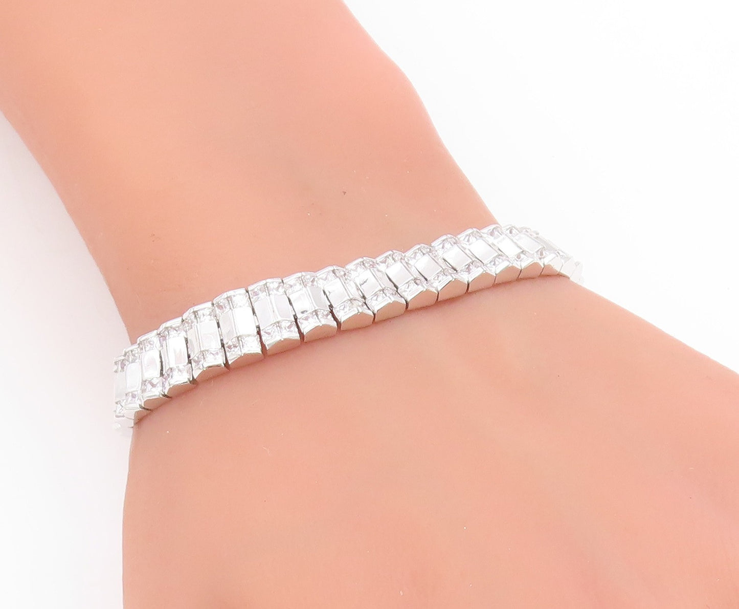 925 Sterling Silver Vintage Bracelet Sparkling CZ Modernist Tennis Link  BT11754