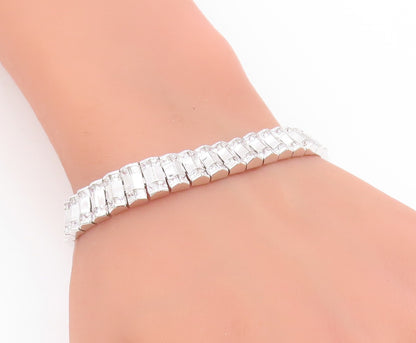 925 Sterling Silver Vintage Bracelet Sparkling CZ Modernist Tennis Link  BT11754