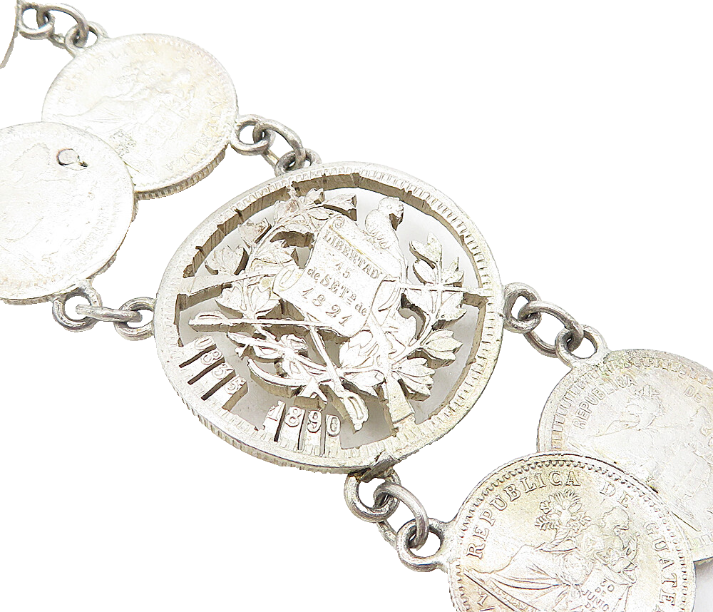 925 Sterling Silver  Vintage Antique Guatemalan Coin Chain Bracelet  BT3531