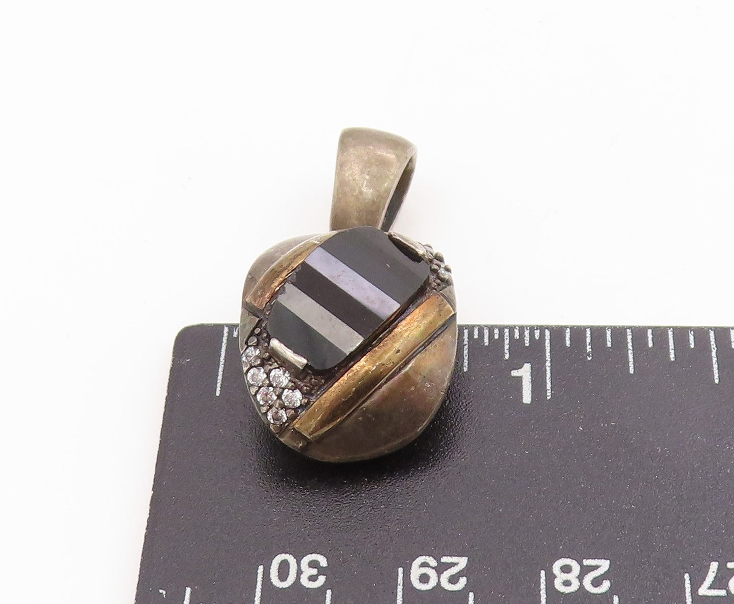 10k Gold & 925 Sterling Silver Vintage Pendant Black Onyx & CZ Charm  PT25401