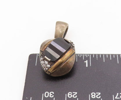 10k Gold & 925 Sterling Silver Vintage Pendant Black Onyx & CZ Charm  PT25401
