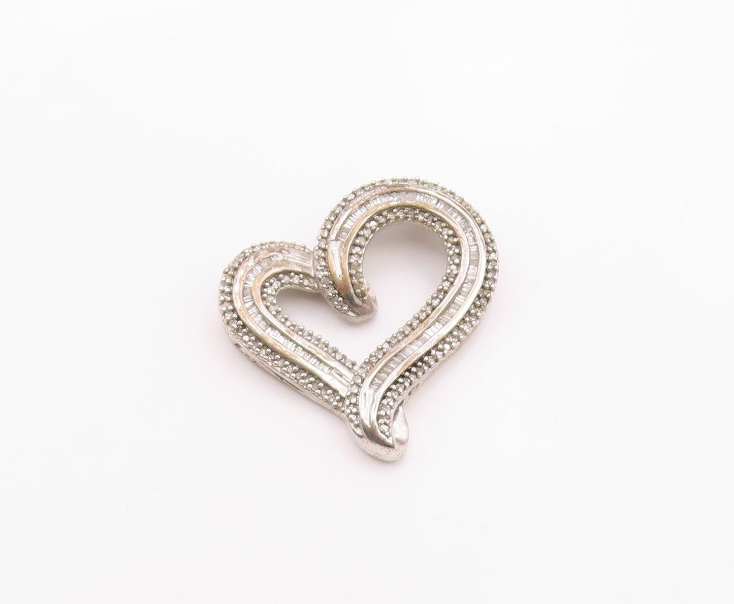925 Sterling Silver  Vintage Genuine Diamonds Open Love Heart Pendant  PT17979