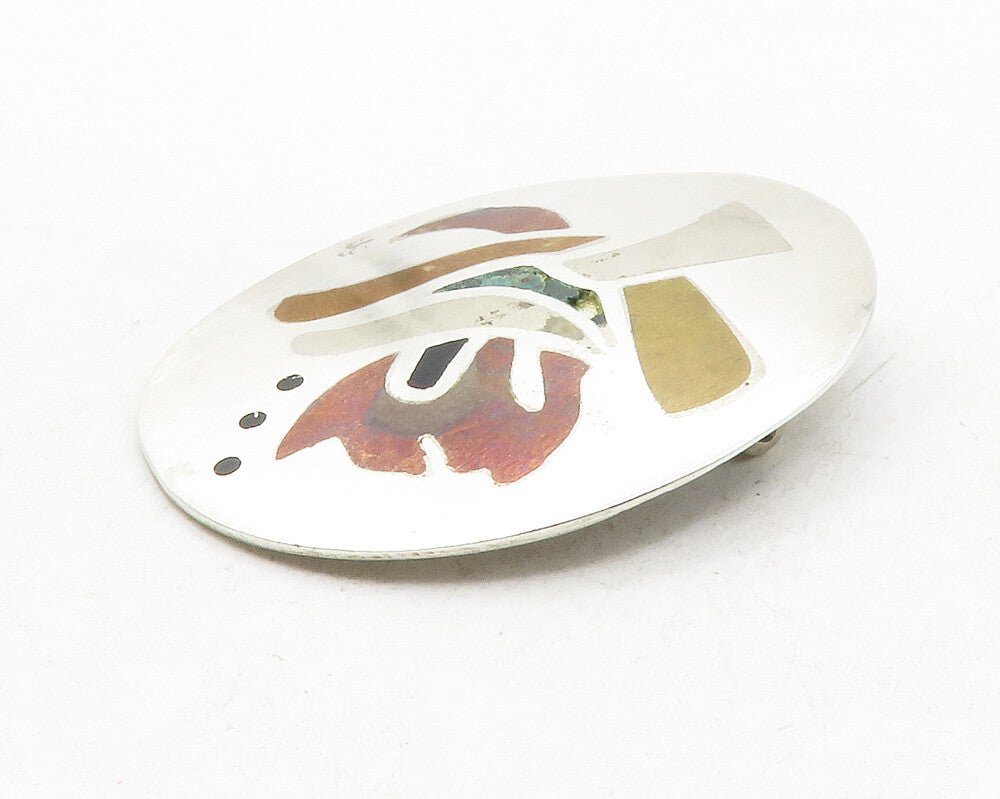 MEXICO 925 Sterling Silver  Vintage Inlaid Jasper Patterned Brooch Pin  BP4799