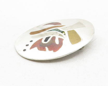 MEXICO 925 Sterling Silver  Vintage Inlaid Jasper Patterned Brooch Pin  BP4799