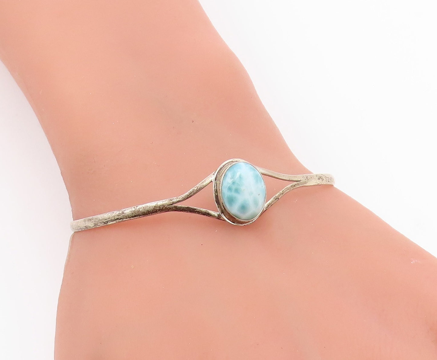 925 Sterling Silver  Vintage Cabochon Cut Larimar Thin Cuff Bracelet  BT8901