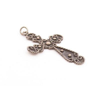 925 Sterling Silver Vintage Pendant Dark Tone Rope Edged Religious Cross PT25031